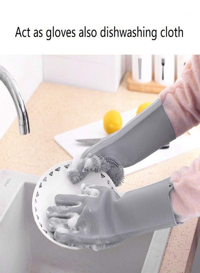 Iktu Silicone Gloves with Wash Scrubber Non-Slip Magic Latex Gloves for Household Cleaning Great for Protecting Hands in Dish-Washing Car Washing Kitchen Bathroom Cleaning (1 Pair) - Image 3
